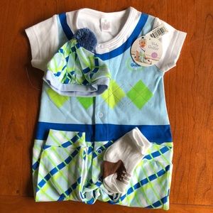 Baby golfer one piece with hat and socks